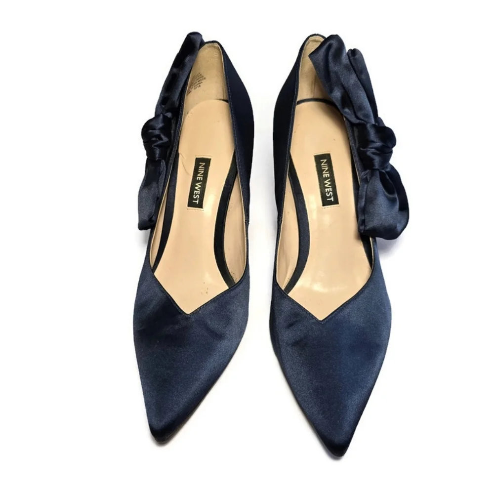 Nine West Blue Satin Oversized Bow Pumps Stilettos Heels Sz 8.5 Pointed